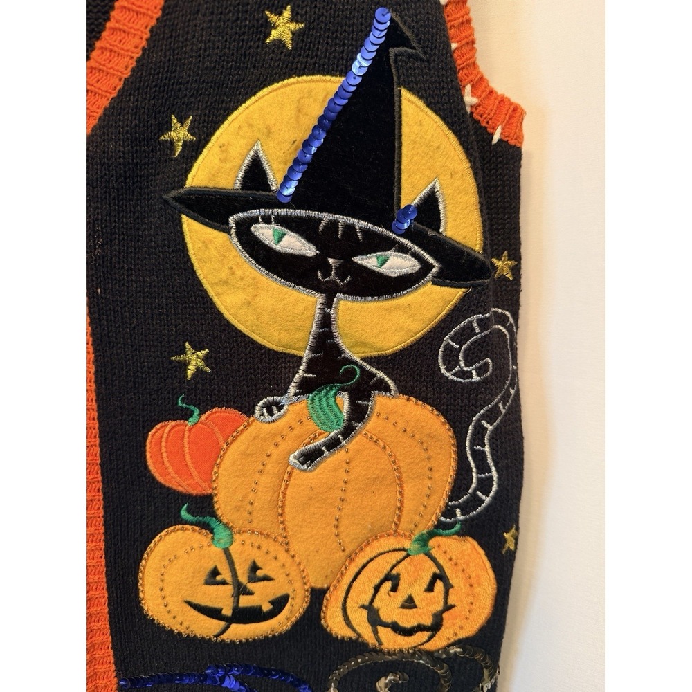 VTG Holiday Editions Size Small Halloween Sweater Vest Black Cat Sequins Knit - Picture 3 of 10